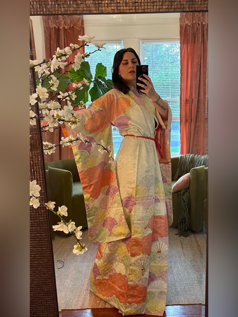 Vintage cotton candy clouds Japanese furisode kimono seigaiha Kiku sensu floral